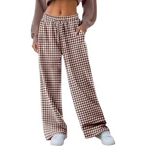 Wide-Leg Gingham Drawstring Pants - Brown/White small